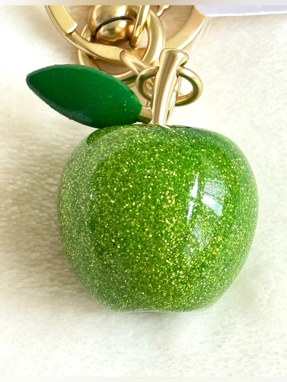 Green Glitter Apple Key Chain / Bag Charm w/ Gold Hardware